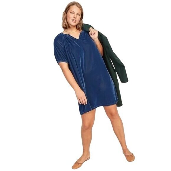 NWT Old Navy Puff-Sleeve Velvet Mini Shift Dress Blue Plus Size 4X - Picture 1 of 10